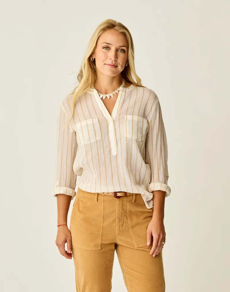 Carve Designs Dylan Gauze Shirt in Camel Stripe