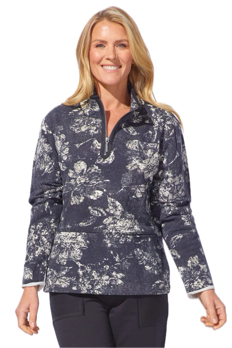 Escape Floral Fleece Quarter Zip Pullover in Black