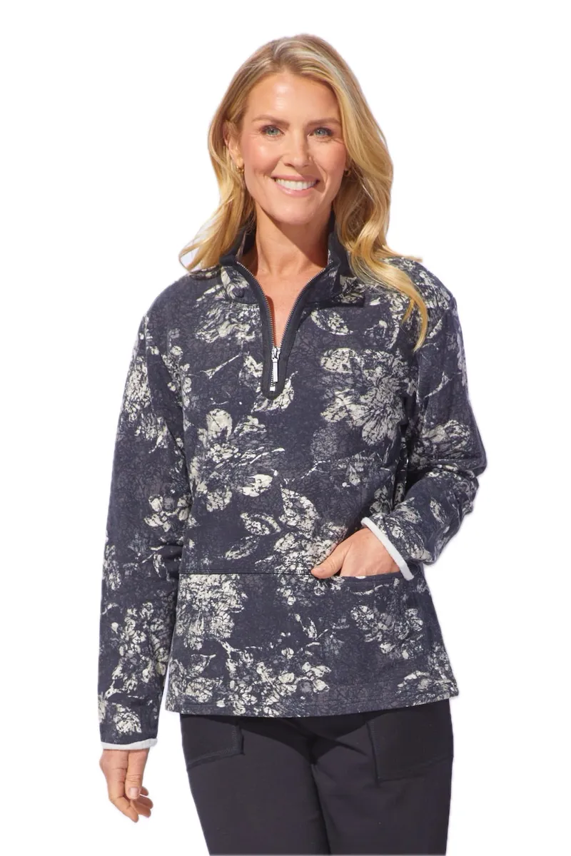 Escape Floral Fleece Quarter Zip Pullover in Black-1
