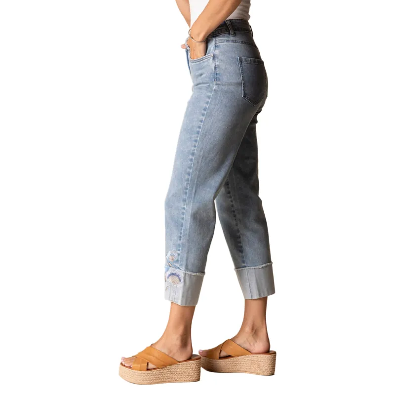 Habitat Women's Stretch Denim Embroidered Cuff Capri in Light Denim-1