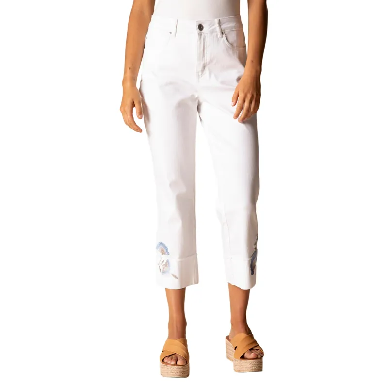 Habitat Women's Stretch Denim Embroidered Cuff Capri in White