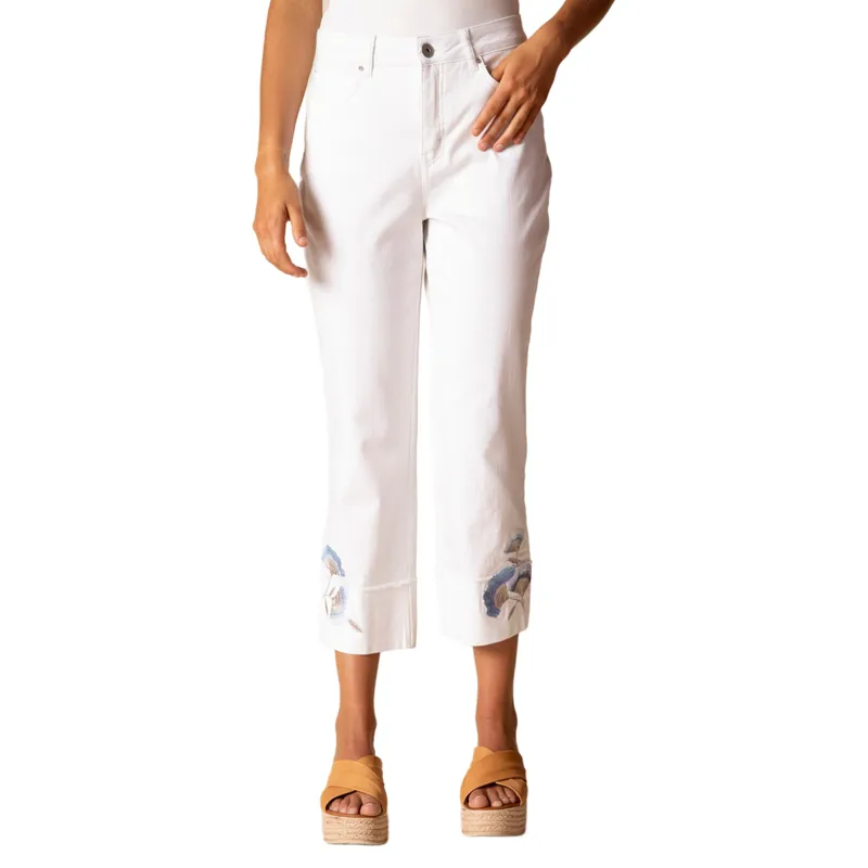 Habitat Women's Stretch Denim Embroidered Cuff Capri in White-1