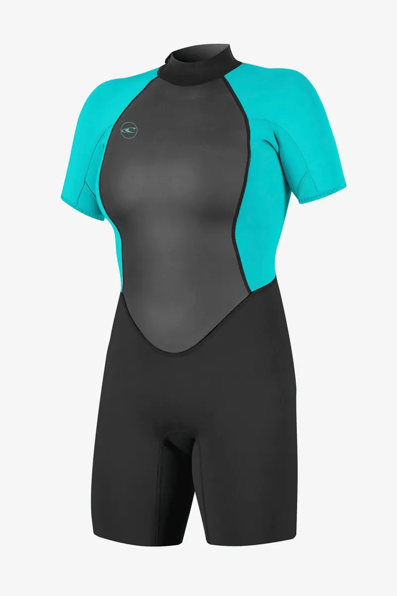 O'Neill Clothing Reactor Backzip Short Sleeve Women's Wetsuit in Black and Light Aqua