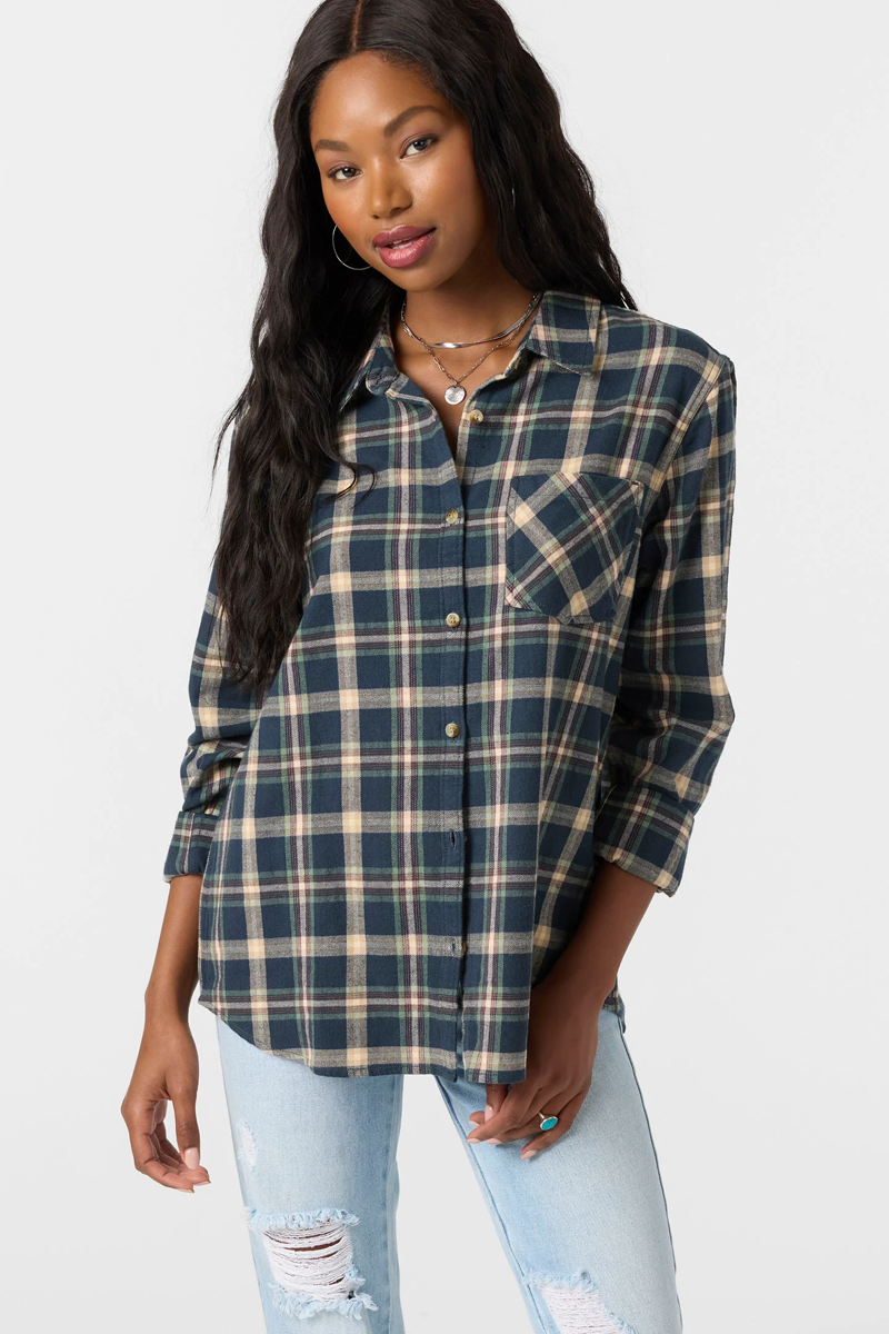 O'Neill Clothing Women's Logan Flannel Long Sleeve Top in Slate