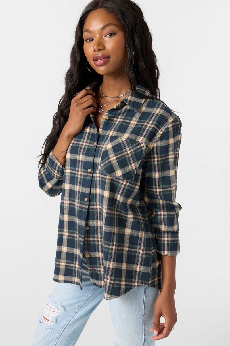 O'Neill Clothing Women's Logan Flannel Long Sleeve Top in Slate-1