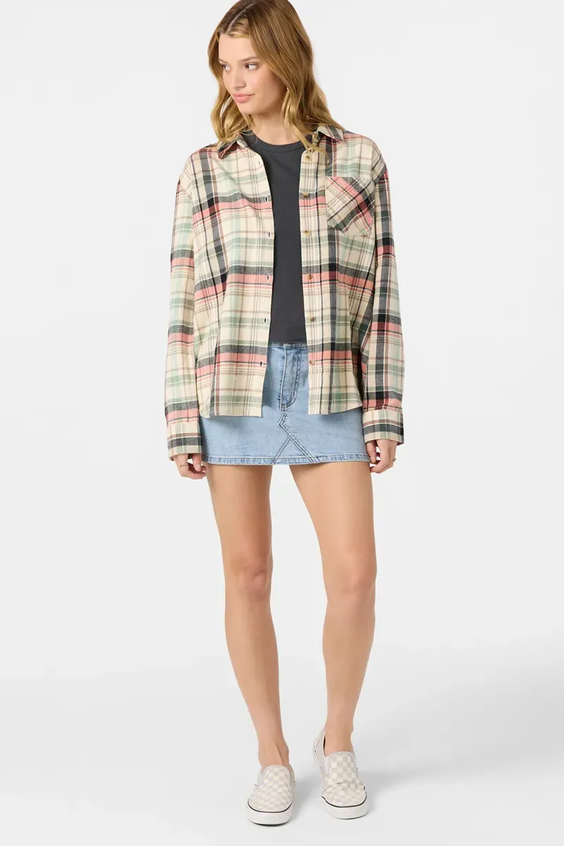 O'Neill Clothing Women's Logan Flannel Long Sleeve Top in Tapioca