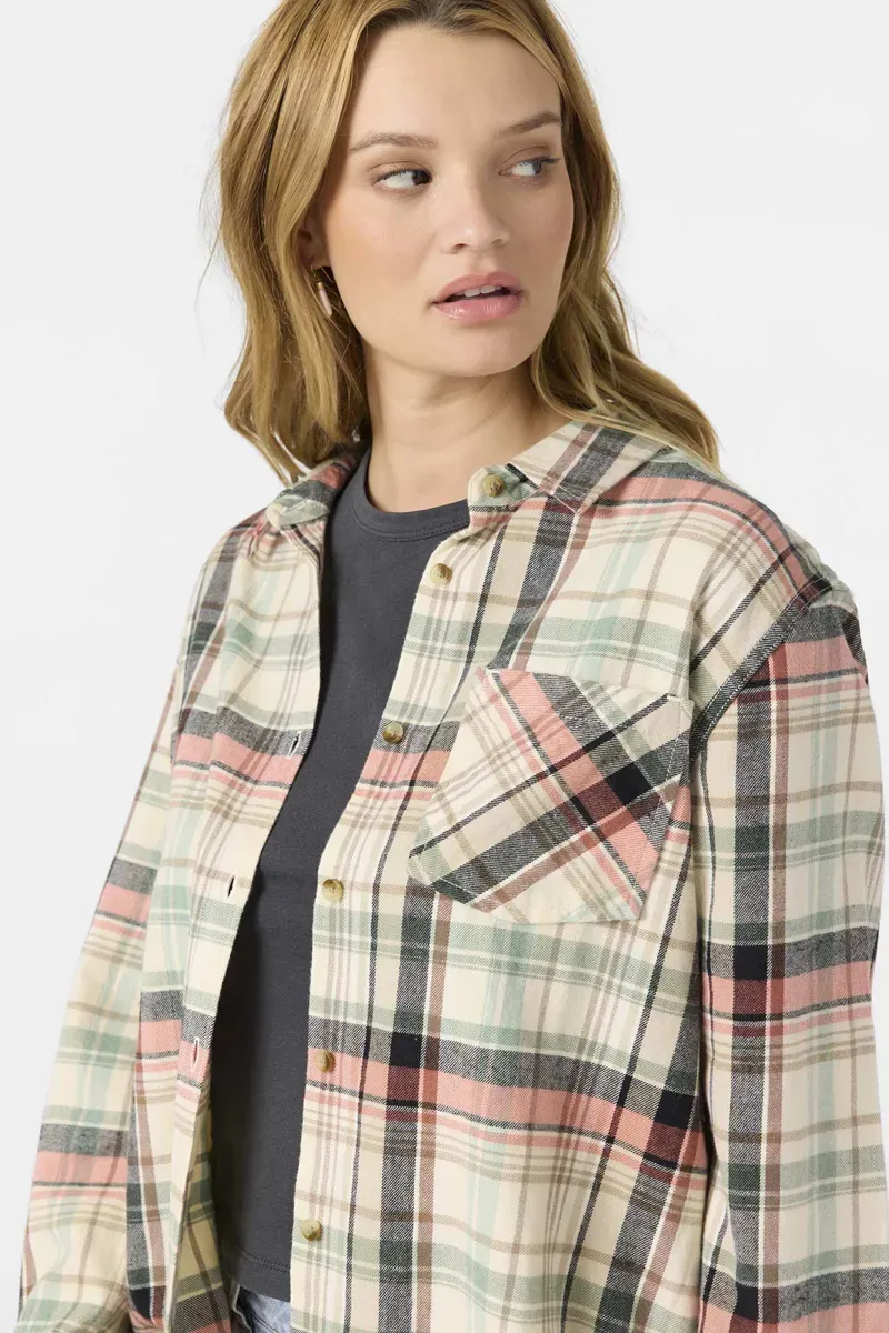 O'Neill Clothing Women's Logan Flannel Long Sleeve Top in Tapioca-3