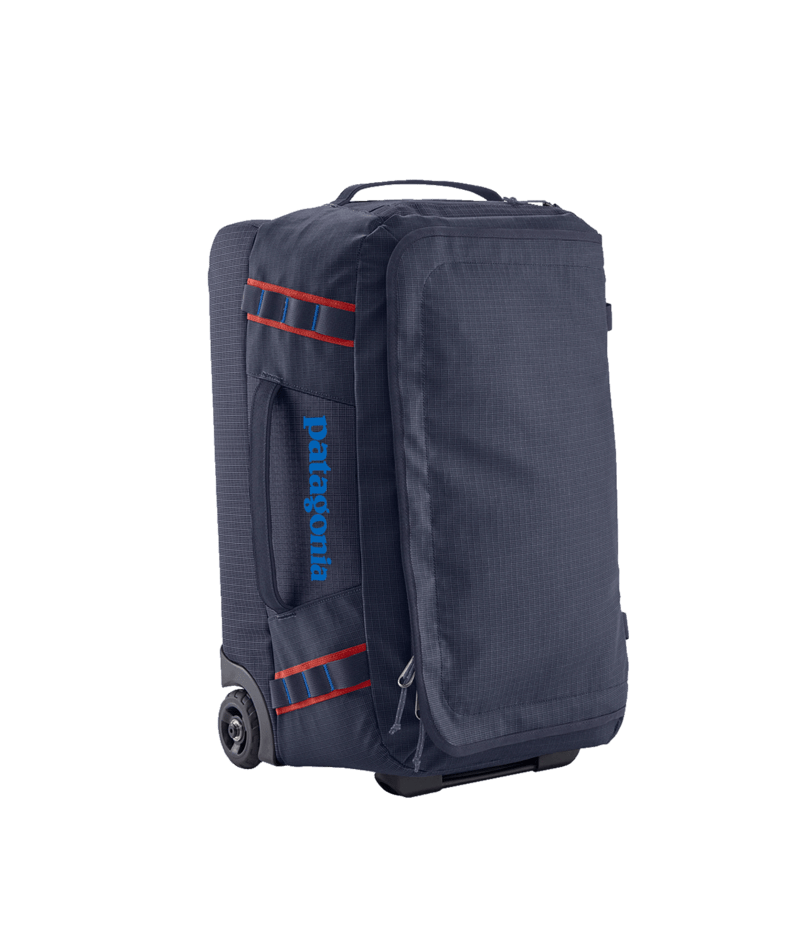 Patagonia Black Hole Wheeled Duffel 40L in Smolder Blue with Amanita Red