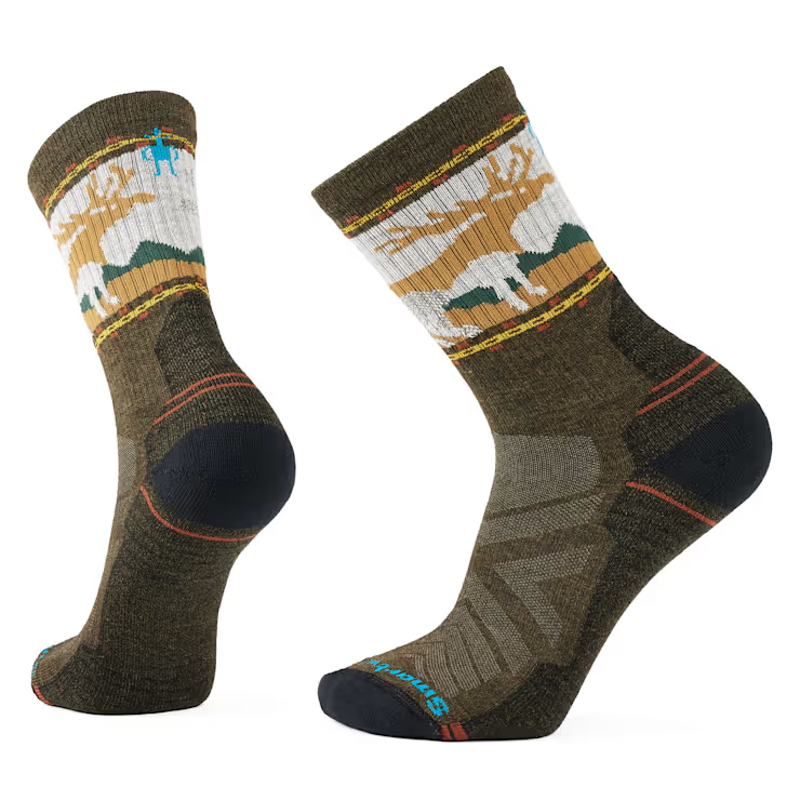 Smartwool Hike Light Cushion Mountain Moose Crew Socks in Military Olive