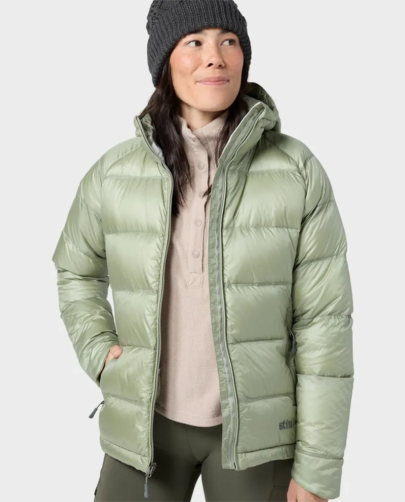 Stio Women's Hometown Down Hooded Jacket in Sage Flats-2