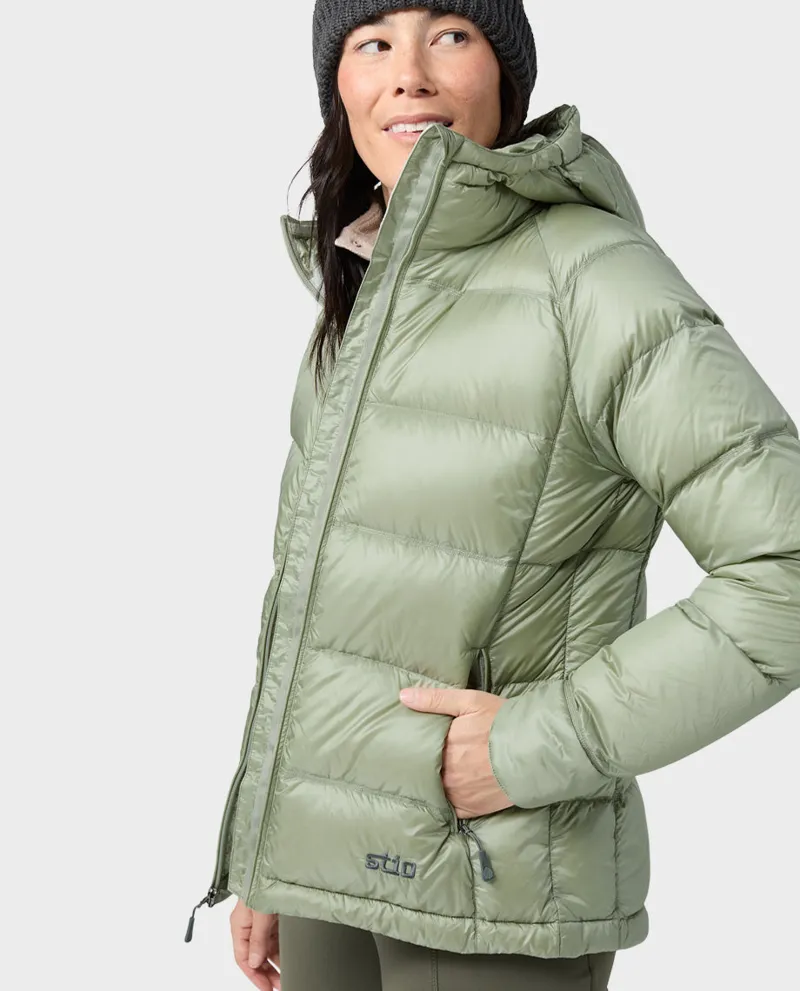 Stio Women's Hometown Down Hooded Jacket in Sage Flats-4