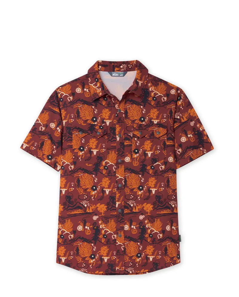 Stio Shifter Short Sleeve Shirt in Fired Brick Biking Cowboy