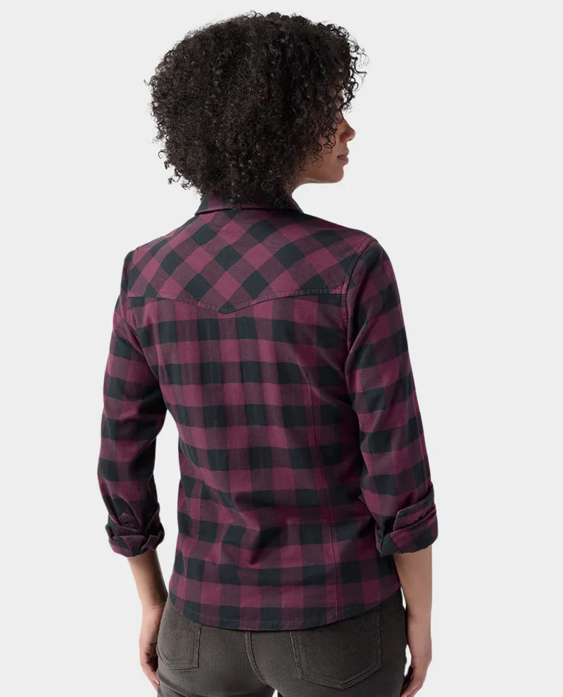Stio Women's Miter Stretch LW Flannel Shirt in Aubergine Check-3