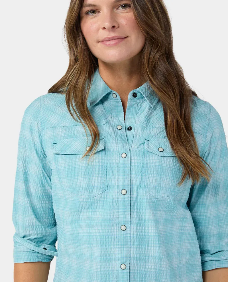 Stio Women's Eddy Coast Long Sleeve Shirt in Horizon Plaid-2