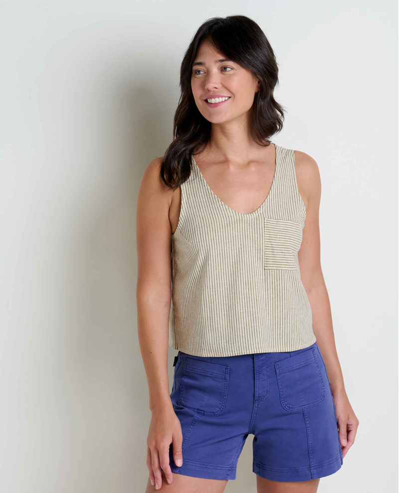 Toad and Co Women's Taj Hemp Button Back Tank in Barley Railroad Stripe